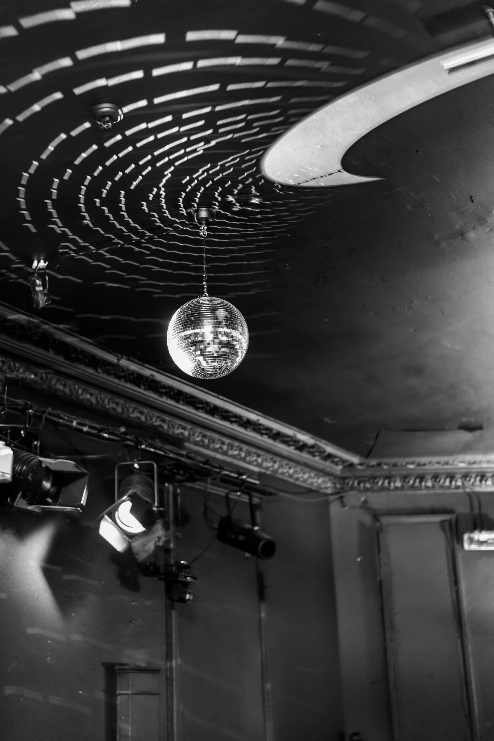 A mirrorball hanging beneath the Circle & Star ceiling