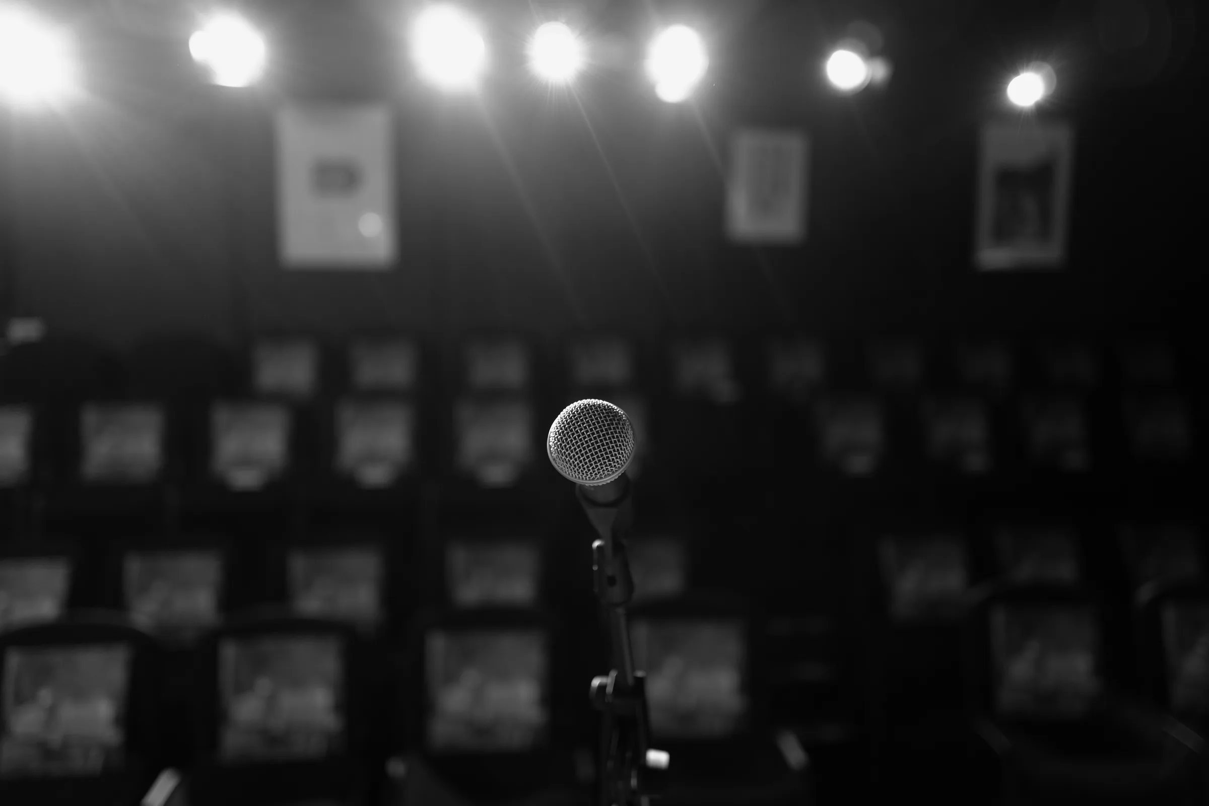 A microphone on the Circle & Star stage, facing the empty seats
